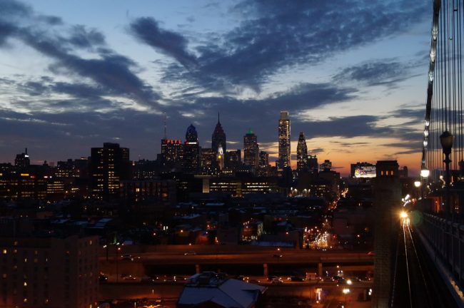Philadelphia skyline at dusk from the Benjamin Franklin Bridge, Philadelphia, Pennsylvania
