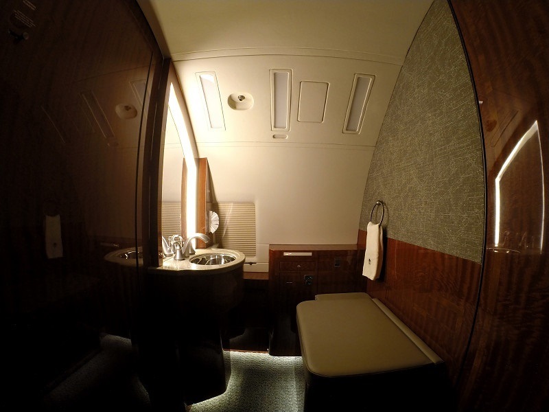 Private jet lavatory and vanity on an accessible charter aircraft from Philadelphia, Pennsylvania